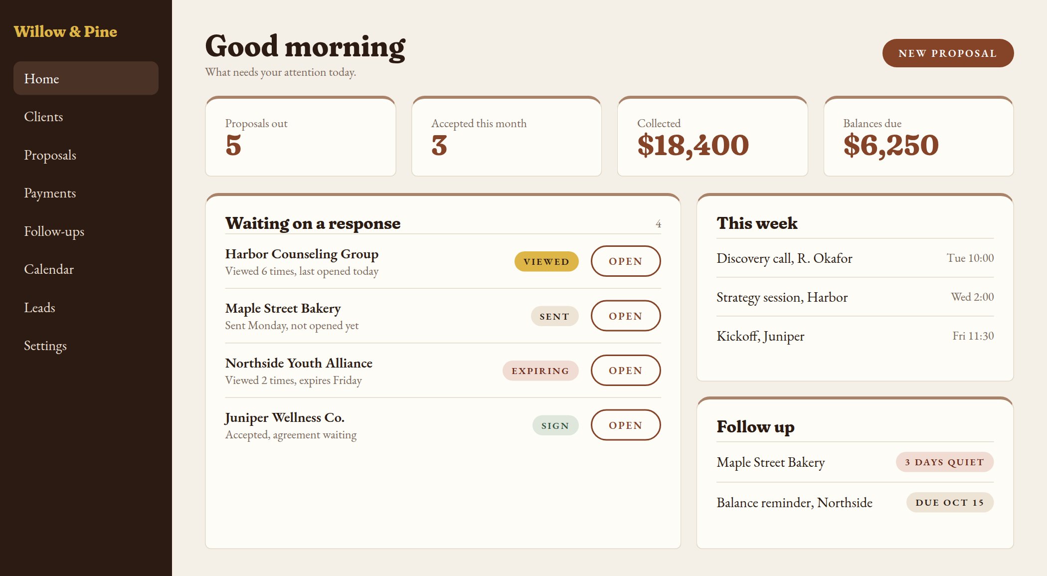 Sample screen. Your side: one screen for the day